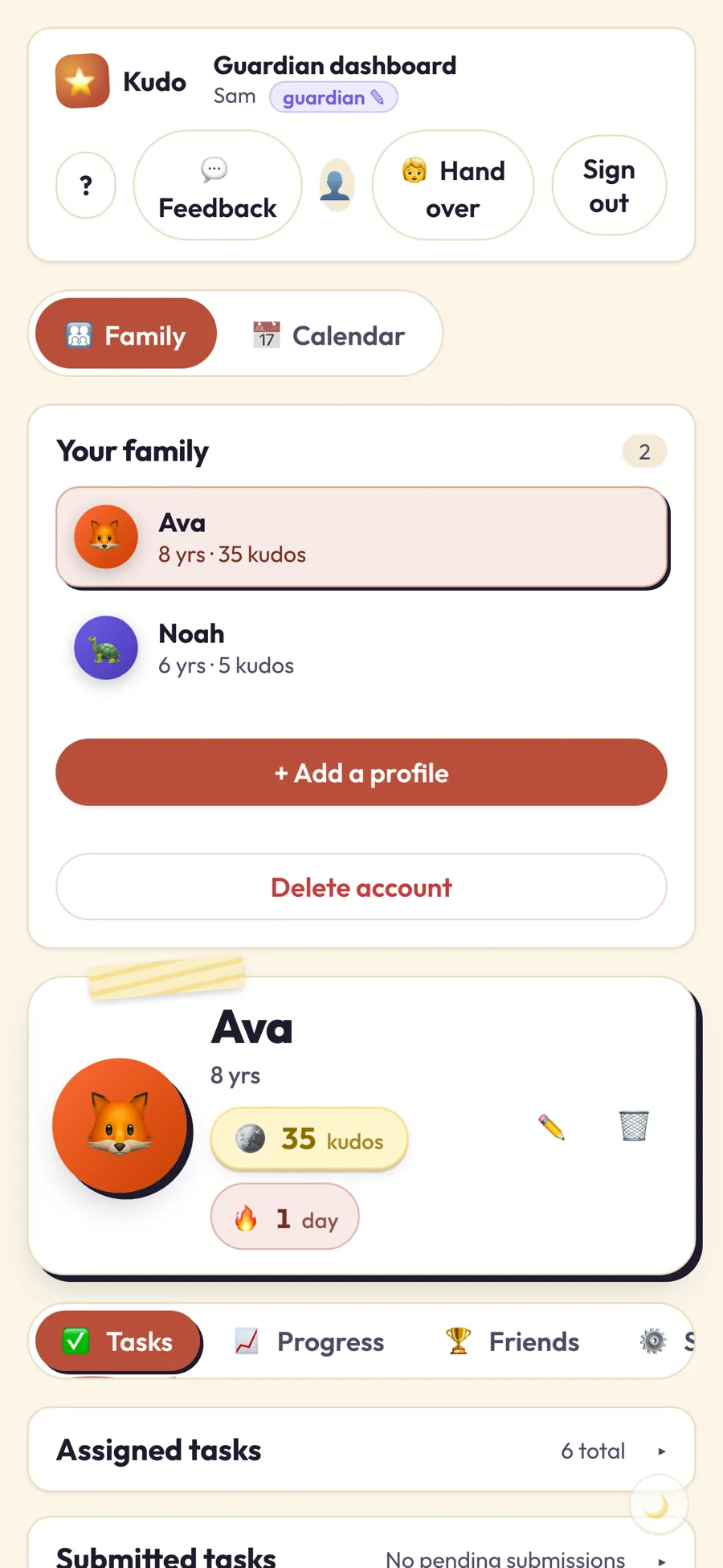 The guardian dashboard: approvals, per-kid progress and wishlist management