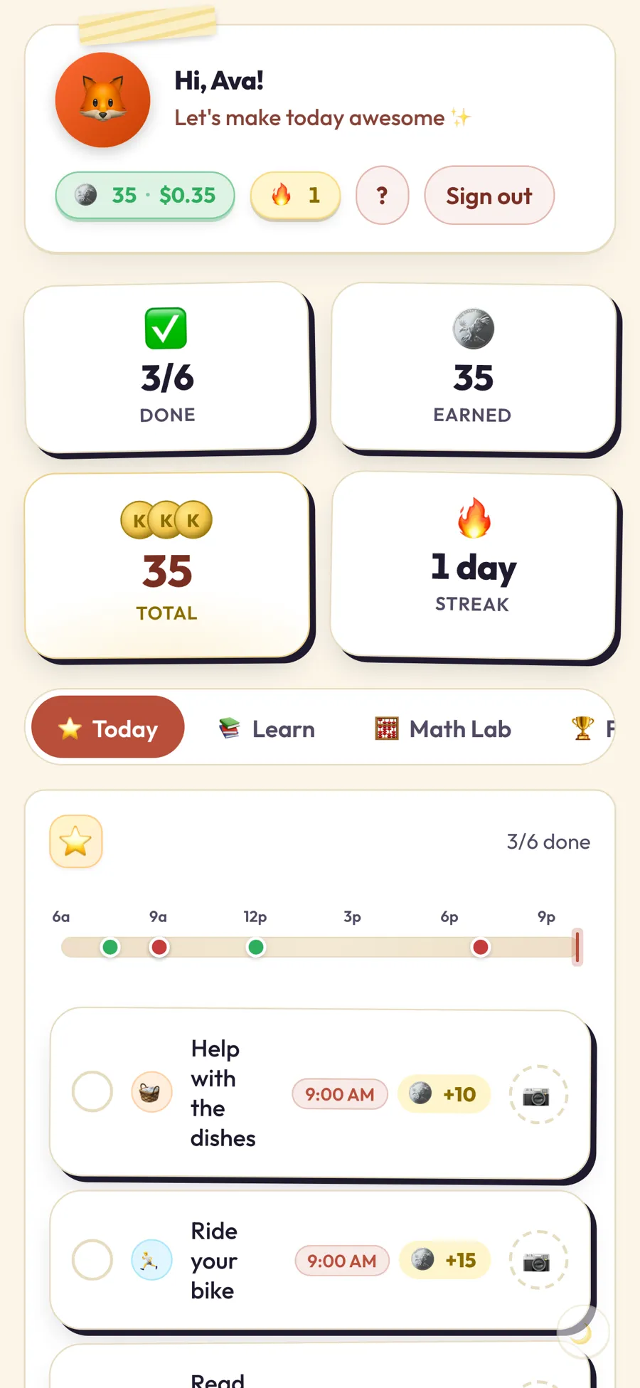 The kid dashboard: today’s tasks on a time rail, kudos earned, and the current streak